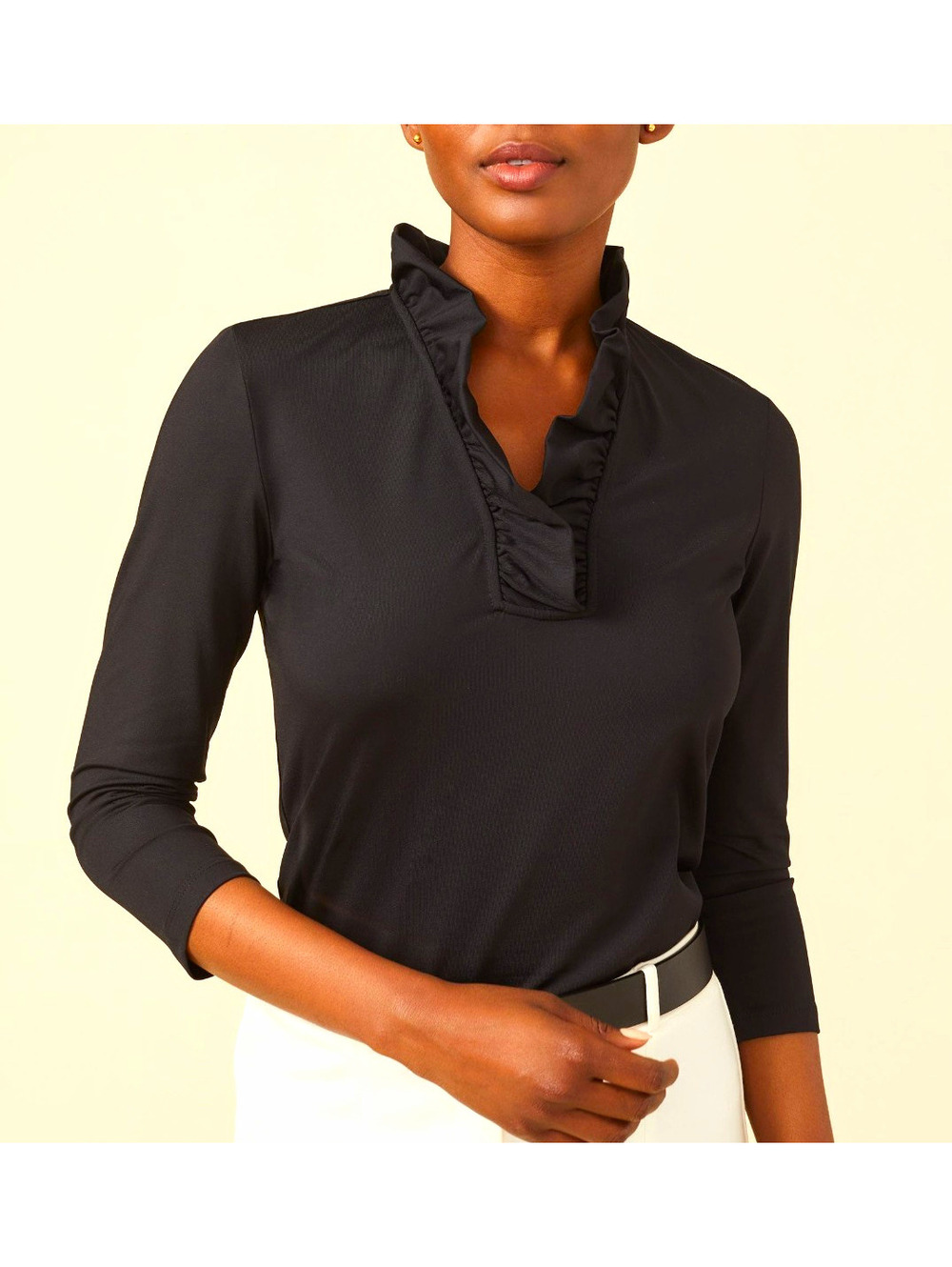 NWT J. McLaughlin Womens Black Solid Ruffle V-Neck 3/4 Sleeve Top Sz XL #1087